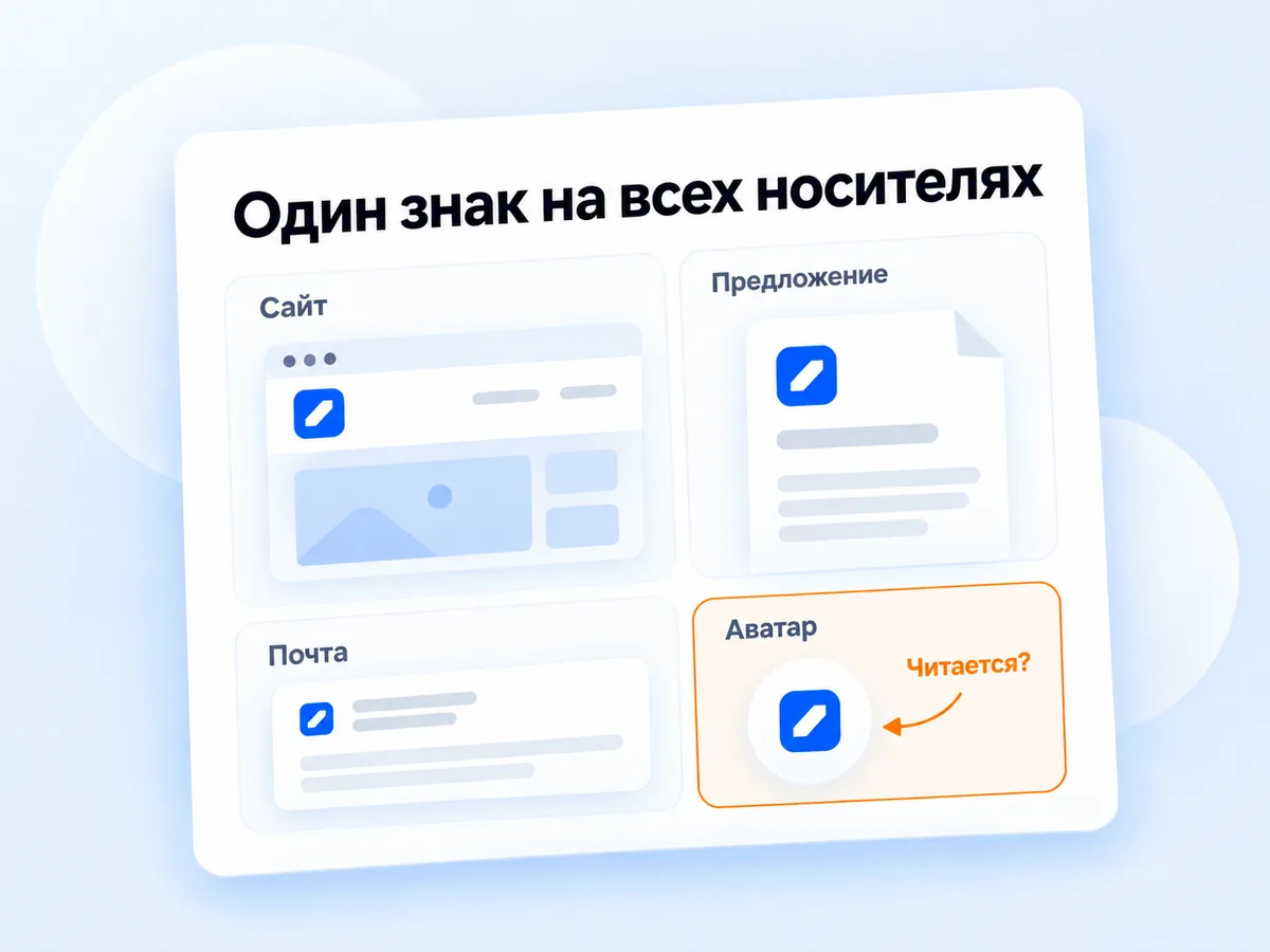 Один и тот же знак на четырёх носителях: сайт, предложение, почта и аватар; малый размер проверяют первым