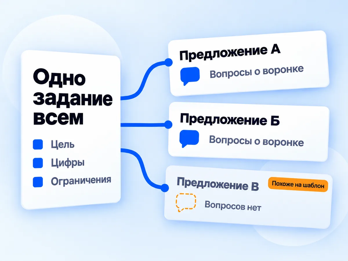 Одно и то же задание отправлено трём агентствам: в двух предложениях есть вопросы о воронке клиента, в третьем вопросов нет, оно похоже на шаблон