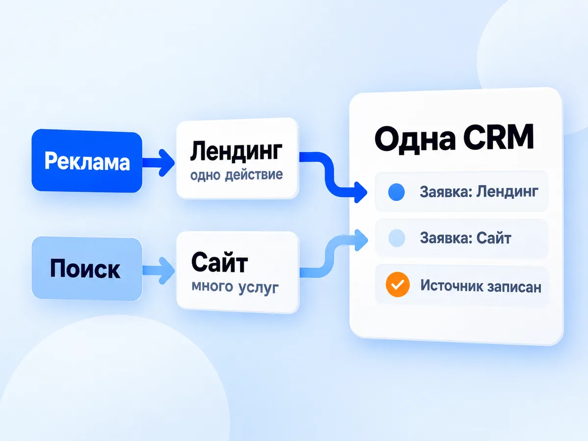 Реклама ведёт на лендинг, поиск на сайт, заявки с обоих адресов собираются в одной CRM с источником