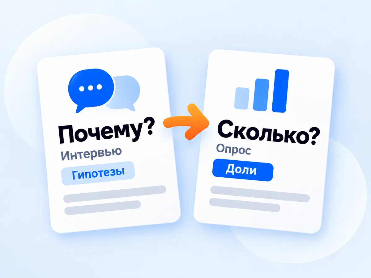 Два вопроса и два метода: на «Почему?» отвечает интервью и даёт гипотезы, на «Сколько?» опрос и даёт доли
