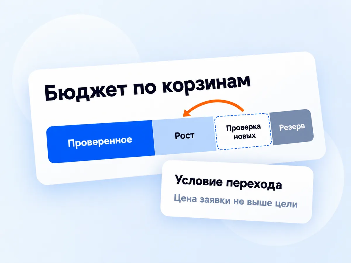 Бюджет по четырём корзинам: проверенное, рост, проверка новых, резерв; канал переходит по условию цены заявки