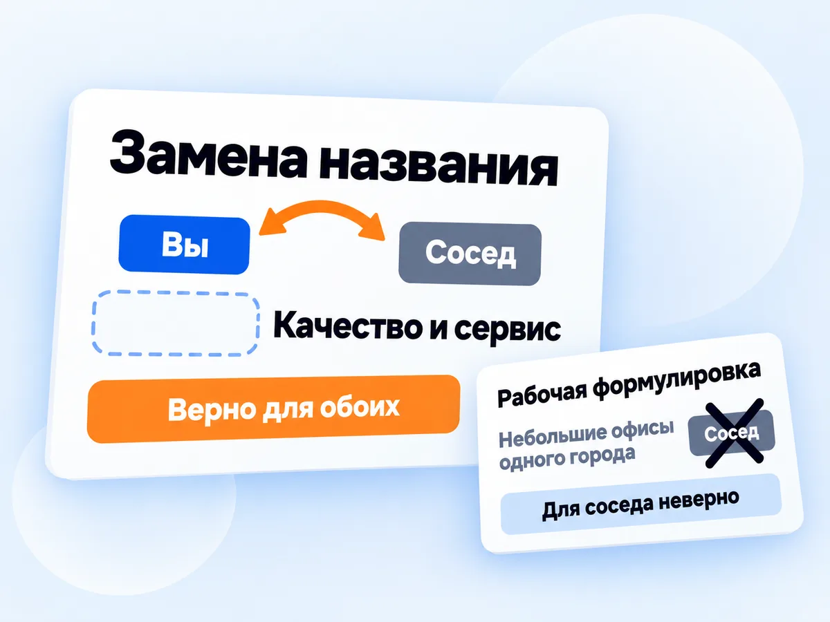 Тест замены названия: фраза «Качество и сервис» верна и для вас, и для соседа, значит это не отличие; для рабочей формулировки про небольшие офисы одного города сосед не подходит