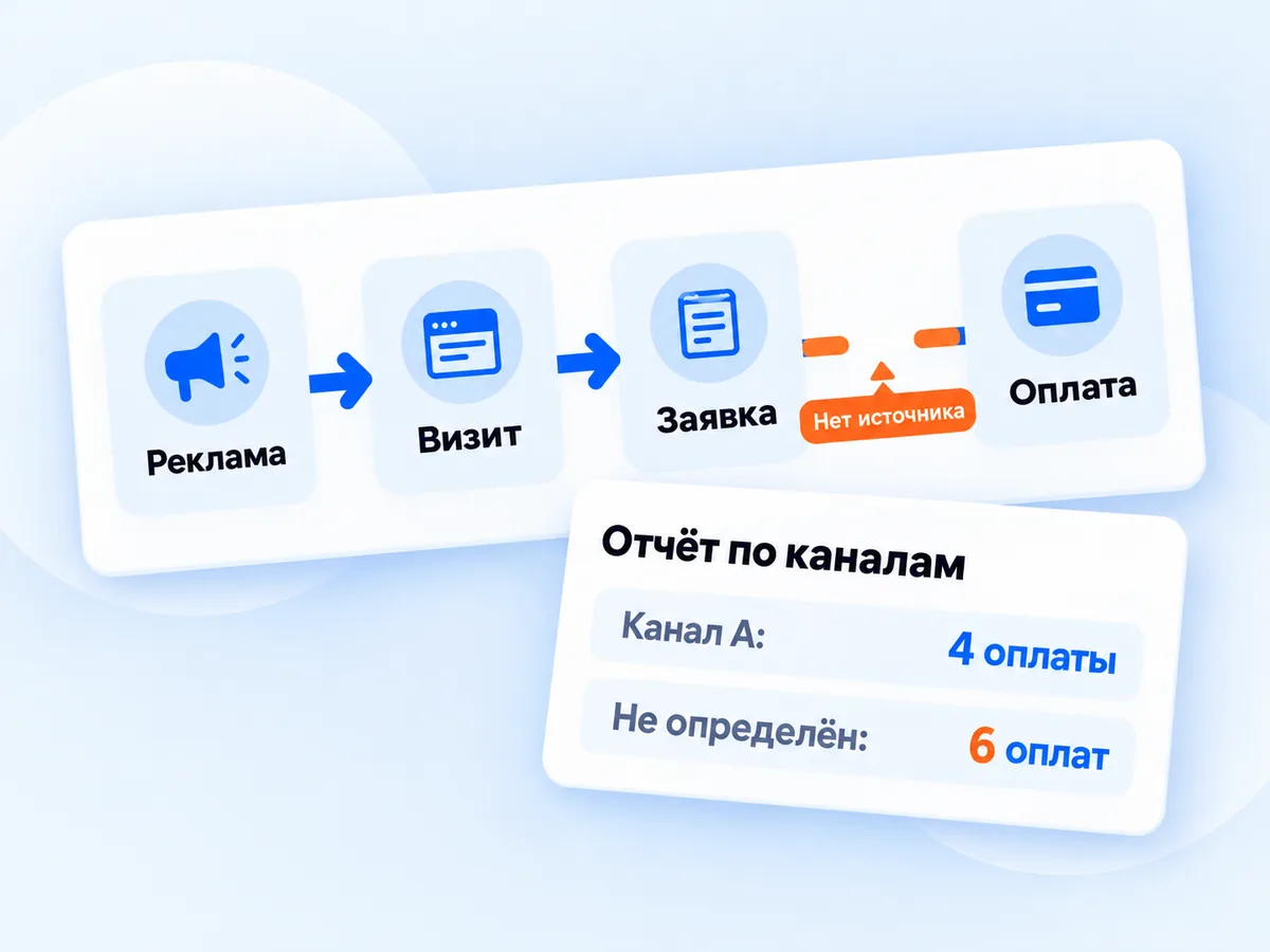 Цепочка от рекламы до оплаты с разрывом между заявкой и оплатой: без источника в CRM оплата остаётся без канала
