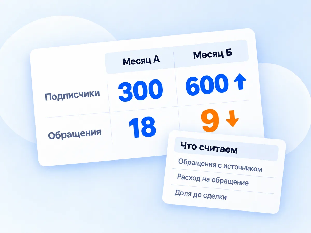 Сравнение двух месяцев в соцсетях: подписчиков вдвое больше, а обращений вдвое меньше; считать нужно обращения