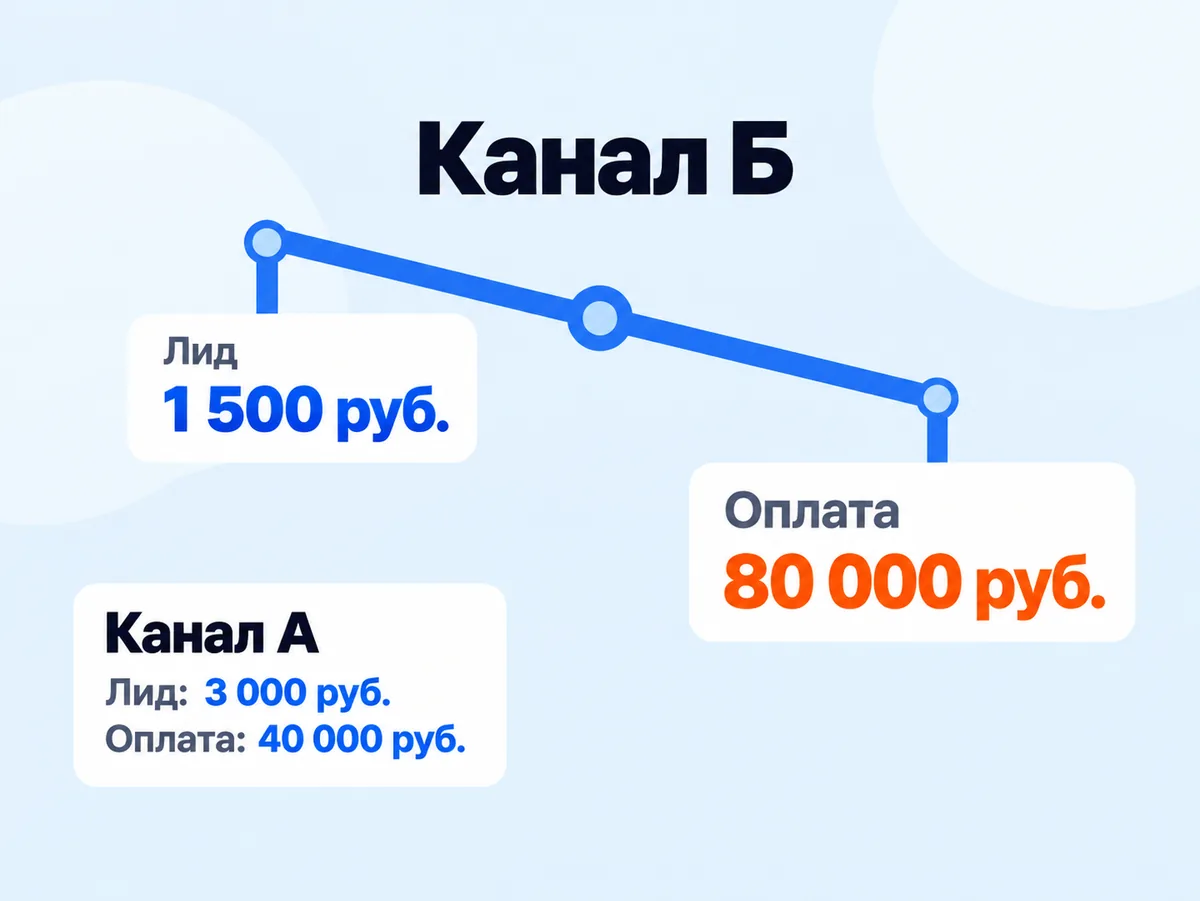 Весы: у канала Б лид вдвое дешевле, а оплата вдвое дороже, чем у канала А; стоимость лида и оплаты не совпадают