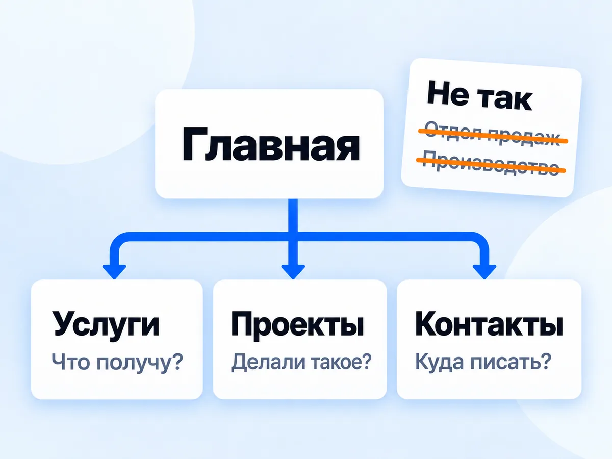 Карта корпоративного сайта: у каждой страницы свой вопрос клиента, пункты «Отдел продаж» и «Производство» зачёркнуты