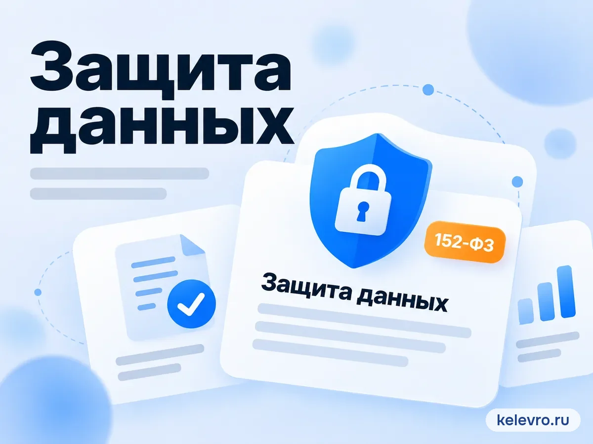 Защита данных: щит с замком, документ и бейдж 152-ФЗ