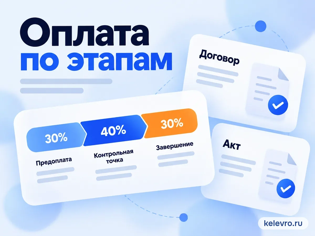 Оплата по этапам: предоплата 30%, контрольная точка 40%, завершение 30%, договор и акт