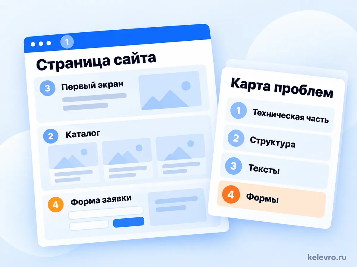 Аудит сайта: отметки проблем на странице и карта проблем по разделам